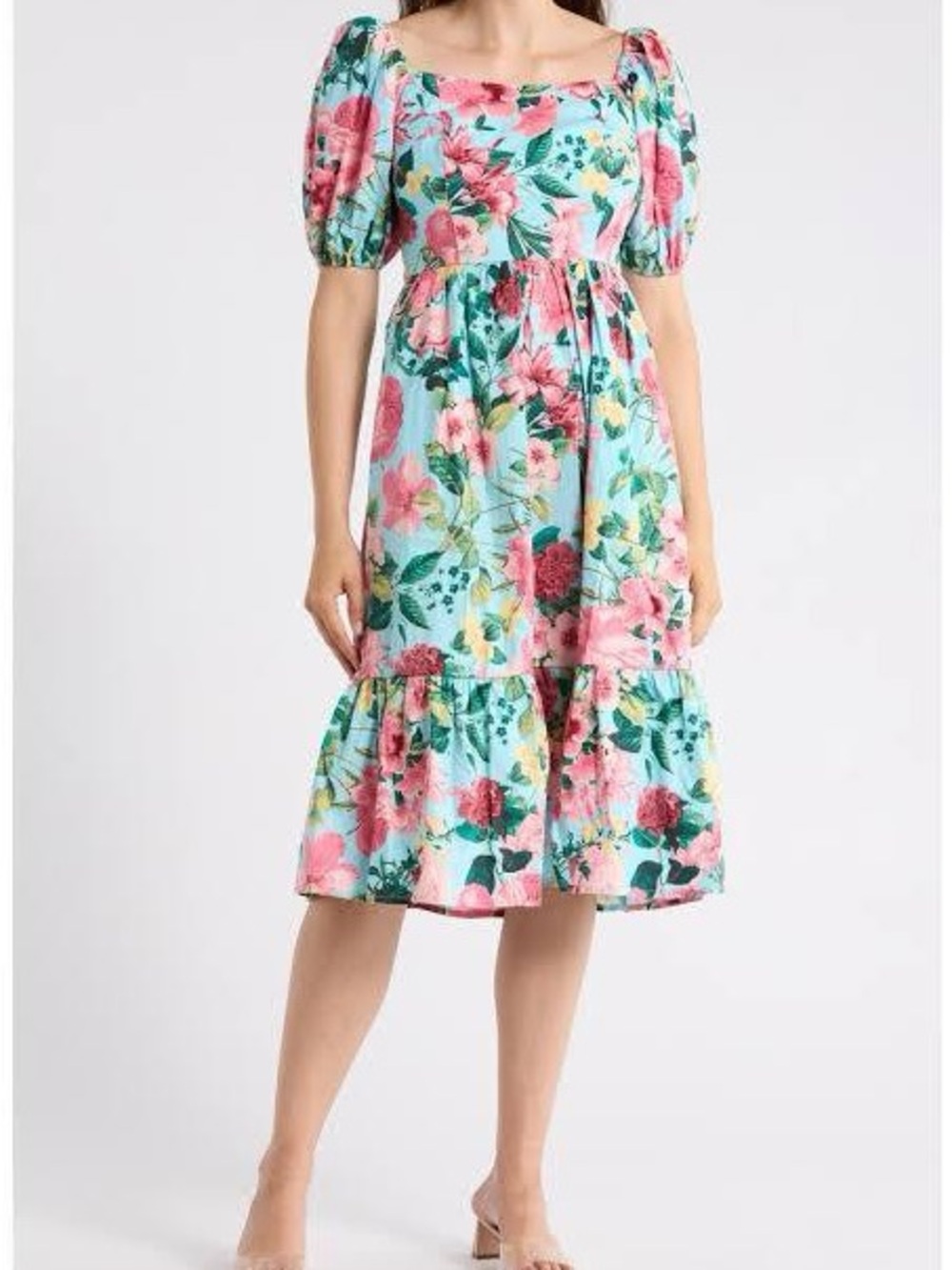 Eliza J Floral Square-Neck Midi Dress in Blue and Pink